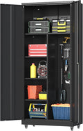 Metal Garage Storage Cabinet with 2 Doors, Adjustable Rolling Tool Storage Cabinet with Lock, 71" Steel Locking Tool Cabinet with Wheels and Shelves for Garage, Warehouse(Black, 71" H)