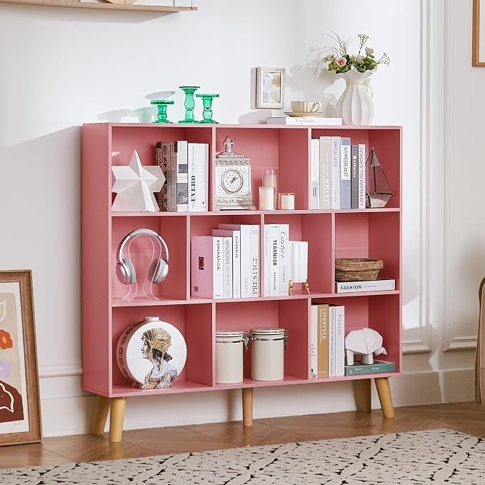 LEYAOYAO 10 Cube Bookshelf,Mid-Century Modern Bookcase with Legs,Light Pink | 3 Tier Book Shelf,Rustic Wood Bookshelves Freestanding Large Storage Organizer, Open Shelves for Bedroom, Living Room, Office