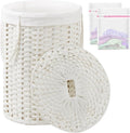 SETVSON Laundry Basket with Lid Round PE Rattan Laundry Hamper, White | 110L Large Woven Basket with Lid, Removable Washable Liner Bag, 2 Mesh Laundry Bags, Foldable Long Side Handles Versatile