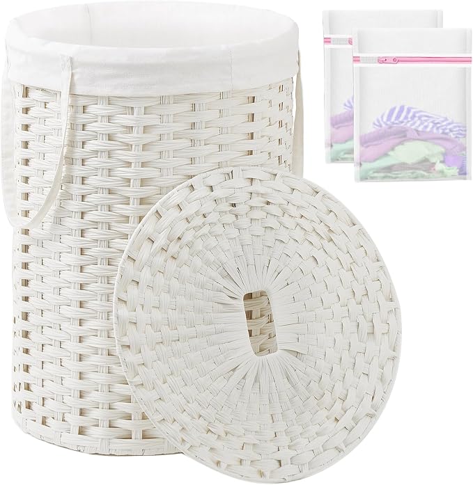 SETVSON Laundry Basket with Lid Round PE Rattan Laundry Hamper, White | 110L Large Woven Basket with Lid, Removable Washable Liner Bag, 2 Mesh Laundry Bags, Foldable Long Side Handles Versatile