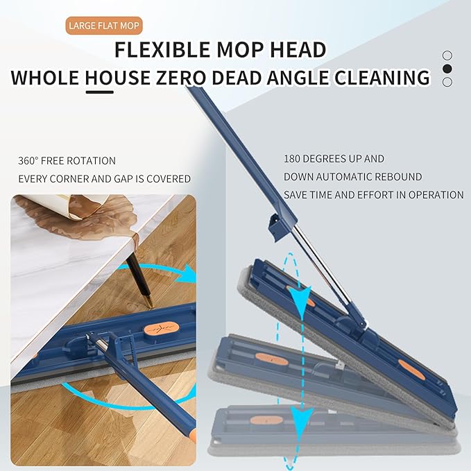 2025 New Large Flat Mop with 6 Reusable Mop Head Dry and Wet, Flat Mop and Bucket Set, Adjustable Handle Self Wringing Flat Mops, 360 Rotation Flat Mop (Blue with 6pcs Mop Head)