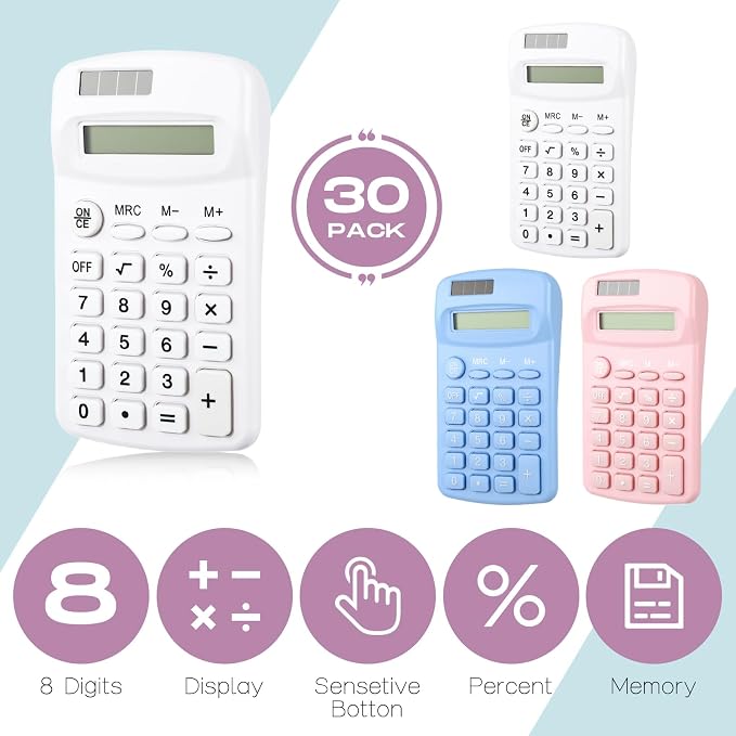 Flutesan 30 Pack Pocket Calculator Small Battery Powered Bulk Mini Size 4 Function Hand Held Basic Calculator for Students Kids School Home Office(White, Pink, Blue)