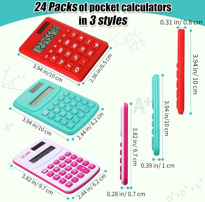 Yunsailing 24 Pcs Pocket Calculators Bulk Mini 8 Digit Handheld Calculator Small Basic Standard Calculator for Students Kids Teachers School Desktop Home Office, 3 Designs (Classic)