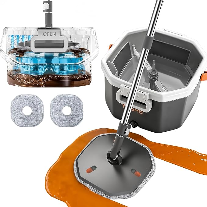 Spin Mop and Bucket Set with Wringer, Hands-Free Floor Mop System | Clean & Dirty Water Separation, Hands-Free Wringing, 360° Spin Mop Head, Detachable Bucket