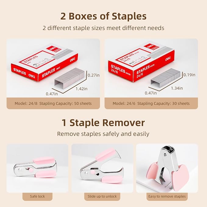Deli Stapler, Effortless Staplers for Desk, 40-50 Sheet Capacity Heavy Duty, One Touch, No Effort, Easy to Load, with 1500 Staples & Staple Remover, 3 Pack, 3 Colors
