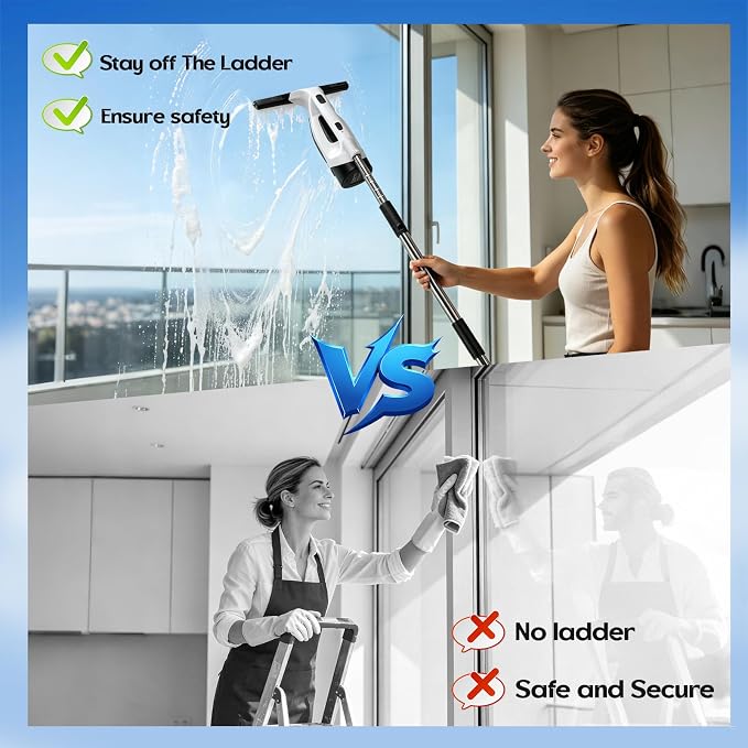 Cordless Window Vacuum Squeegee, 1.8-2 KPA Electric Window Vacuum Cleaner Tool with 0.8-1M Extendable Pole, Silicone Cleaning Scraper, 150ML Water Tank, 2200mAh IPX4, for Shower Glass, Car, Kitchen