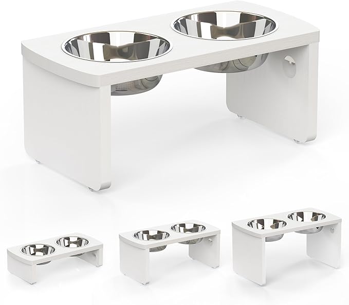Elevated Dog Bowls, Waterproof Raised Dog Bowl for Medium Dogs, HIPS Poly Lumber Stand with 2 Stainless Steel Bowls, Indoor & Outdoor Use (7'' Tall-40 oz Bowl, White)