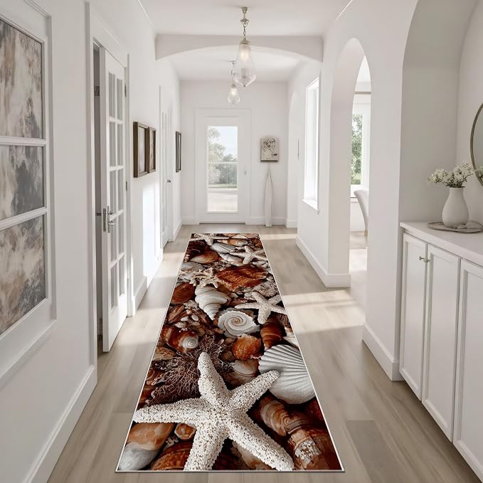 Starfish Conch Seashell Runners Rug for Hallway 2x6 - Beach Runner Rug, Soft Non Slip Washable Long Rugs, Retro Seaside Carpet Runner for Hallways Kitchen Corridor Entryway