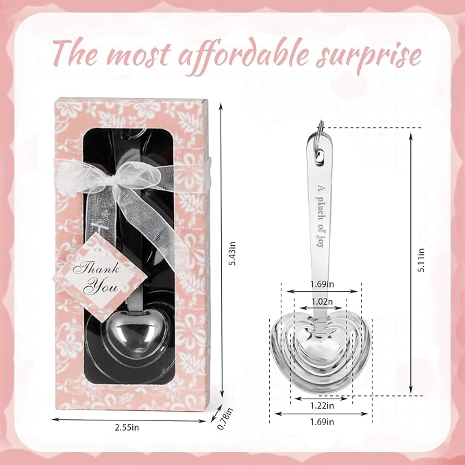 50 Packs Heart Shaped Measuring Spoons, Bulk Wedding Favors For Guests, Baby Shower Gifts For Guests Bridal Party or Wedding Favors With Individual Gift Boxes (PINK)