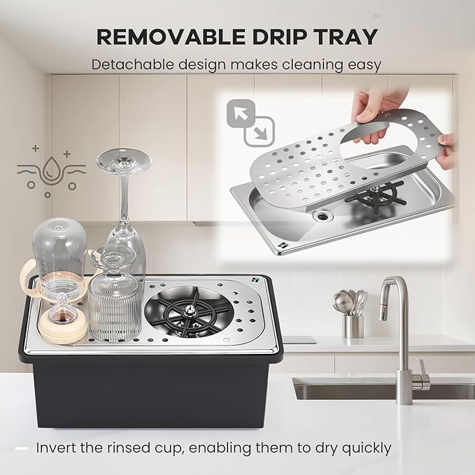 Huanyu Pitcher Rinser with Detachable Countertop Base | 360° Rotating High-Pressure Nozzle | Stainless Steel with Drain and Drip Tray | Auto Cup Cleaner for Home and Commercial | 13.39×7.68×5.43 in