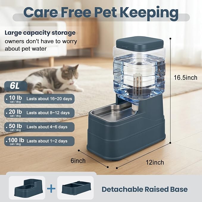 Auto Dog Water Dispenser with Stainless Steel Bowl Feeder for Pets | Automatic Cat Water Dispenser Gravity Water Feeder Dog Waterer for Puppy Kitten Pets (Include Filter &Ice Pack) 1.6Gal Navy