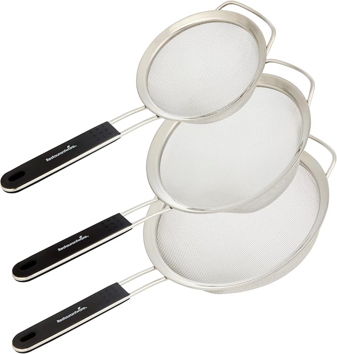 Restaurantware Fine Mesh Strainer Set of 3 Different Sizes with Silicone Handle Stainless Steel Extra Fine Mesh Strainer Heat-Resistant Handle Dishwasher-Safe for Rice, Quinoa, Pasta
