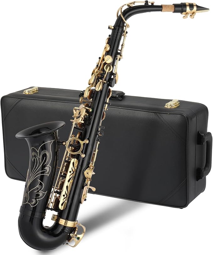 E Flat Alto Saxophone, Brass Sax with Carry Case, Black | Saxophones Include Mouthpiece, Cleaning Brush, Cloth, Strap Accessories, For Beginner Student and Professional