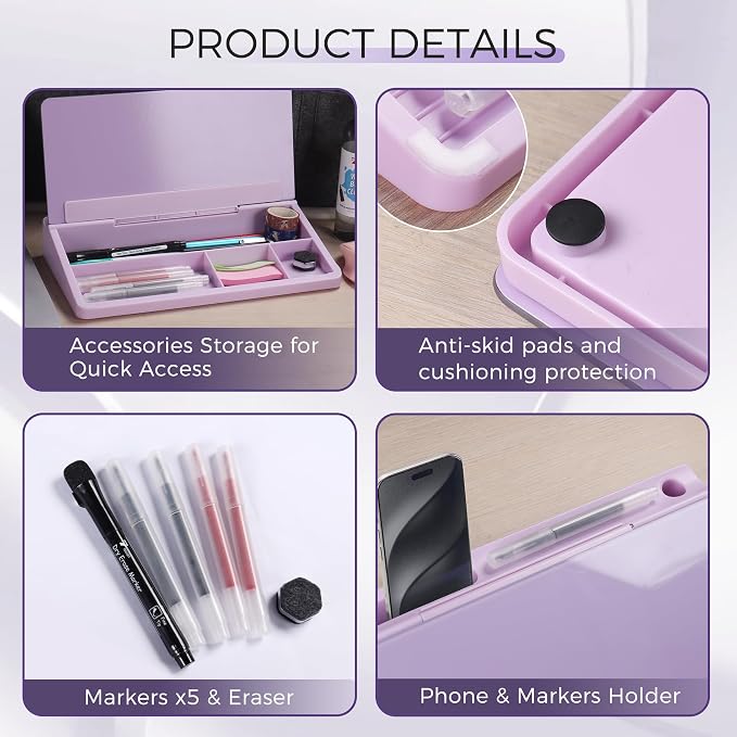 TOWON Small Compact Glass Desktop Whiteboard with Storage – 12 x 7 in Dry Erase Board for Desk, Home Office, School | Includes 5 Markers, Eraser & Holder | Space-Saving Organizer, Aesthetic Lavender