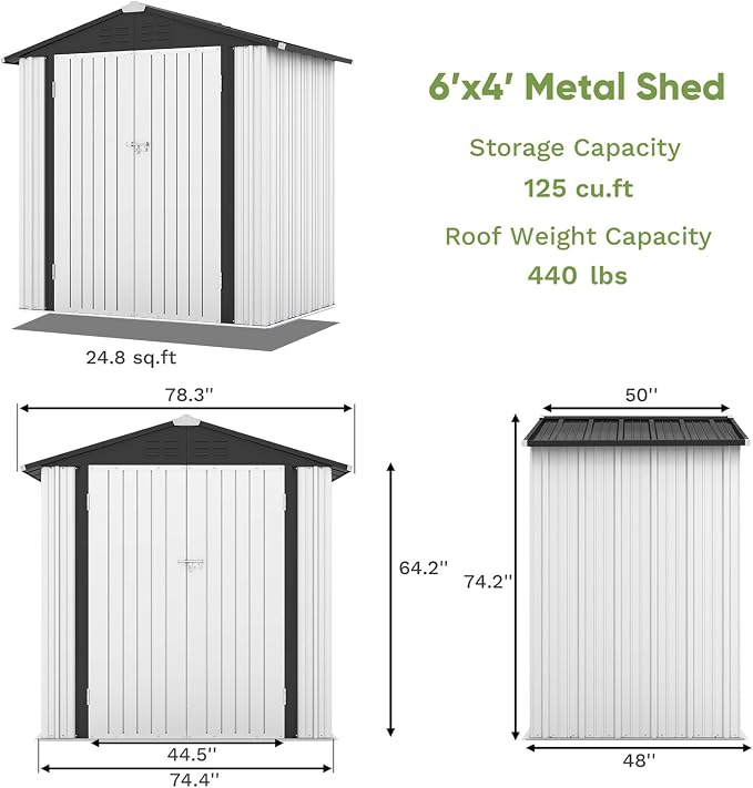 Patiowell 6x4 FT Outdoor Storage Shed, White | Garden Tool Storage Shed, Sloping Roof, Double Lockable Door, For Garden Backyard Patio Lawn