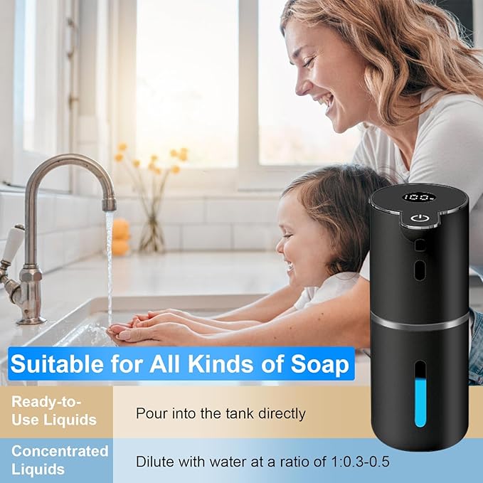 OHIFAST Automatic Liquid Soap Dispenser Touchless, USB Rechargeable Smart Hand Soap Dispenser, 6-Level Adjustable, 12.8oz/380mL, Compatible with Thick Thin Dish Soap for Bathroom Kitchen-Black