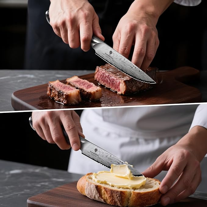 Steak Knives Set of 6, Powder Steel Steak Knife Set | Ultra Sharp 4.5 Inch Serrated Steak Knives with Ergonomic Pakkawood Handle Japanese Knives for Steak, Bread and Butter