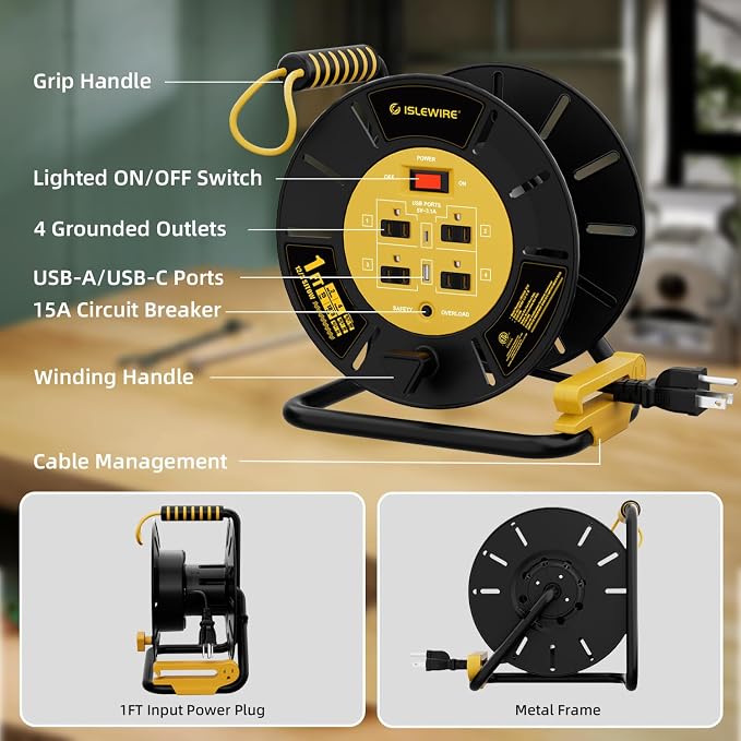 Extension Cord Storage Reel with 4-Grounded Outlets & 2 USB Ports, Heavy Duty Open Cord Reel for 12/3,14/3,16/3 Gauge Power Cord, Hand Wind Retractable, 15A Circuit Breaker, ETL Listed, Yellow