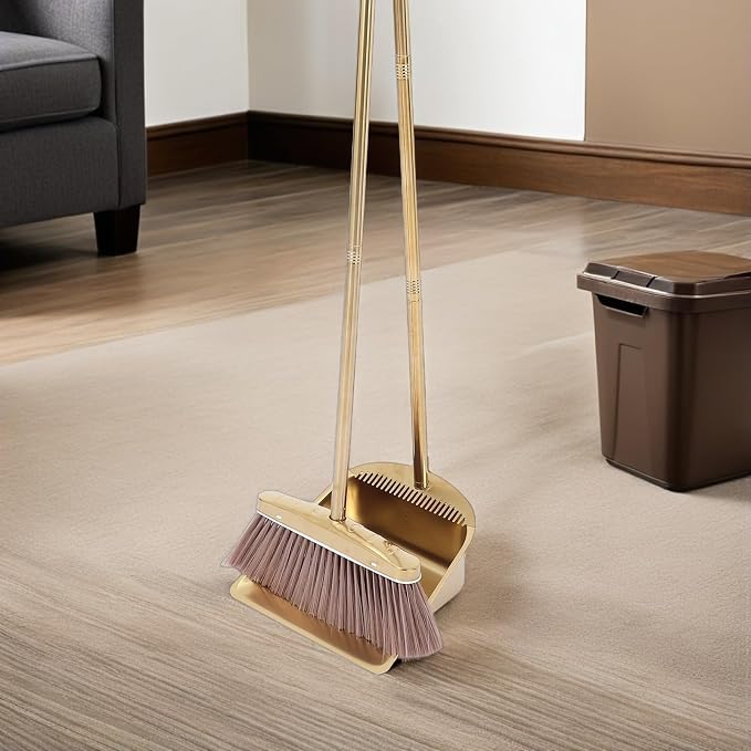 OUNONA 1set Heavy Duty Upright Broom and Dustpan Set with Long Handle and Stainless Steel Construction Includes Built Comb Teeth for Easy Cleaning in Home Office