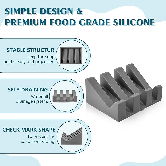 Self Draining Soap Dish Holder,Silicone Soap Dish,for Bathroom,Kitchen, Sponges，Can Extend Soap Life，Keep Soap Bars Dry and Easy Cleaning (Grey,1-Pack)