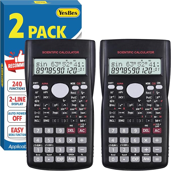 2 Pack Scientific Calculators, 2-Line Large Screen Display 240 Functions Scientific Calculators for Students, Math Algebra Fraction Calculator for High School College School