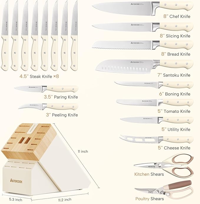 Knife Set,Astercook Kitchen Knife Set with Block 22-Piece Full Tang Stainless Steel Knives with Sharpener Dishwasher Safe and Anti-Slip Ergonomic Handle Elegant Cream White Utensils Set