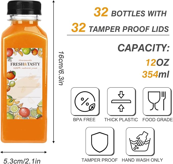TOMNK 32pcs Juice Bottles, 12oz Reusable Plastic Juice Bottles with Caps and Labels, Funnel, Brush Beverage Containers for Juicing, Smoothies, Tea, Milk