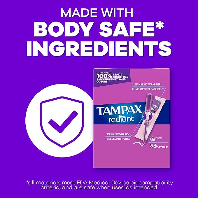 Tampax Radiant Tampons for Women Multipack,with LeakGuard Braid,Regular/Super/Super Plus Absorbency,Unscented,112 Count (Pack of 2)