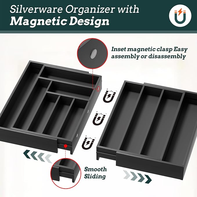 Silverware Organizer Large, Magnetic Connected Expandable 11 Slots Silverware Drawer Organizer from 21 to 37.4 Inches, Adjustable Flatware and Cutlery Holder, Bamboo Utensil Tray for Kitchen Black