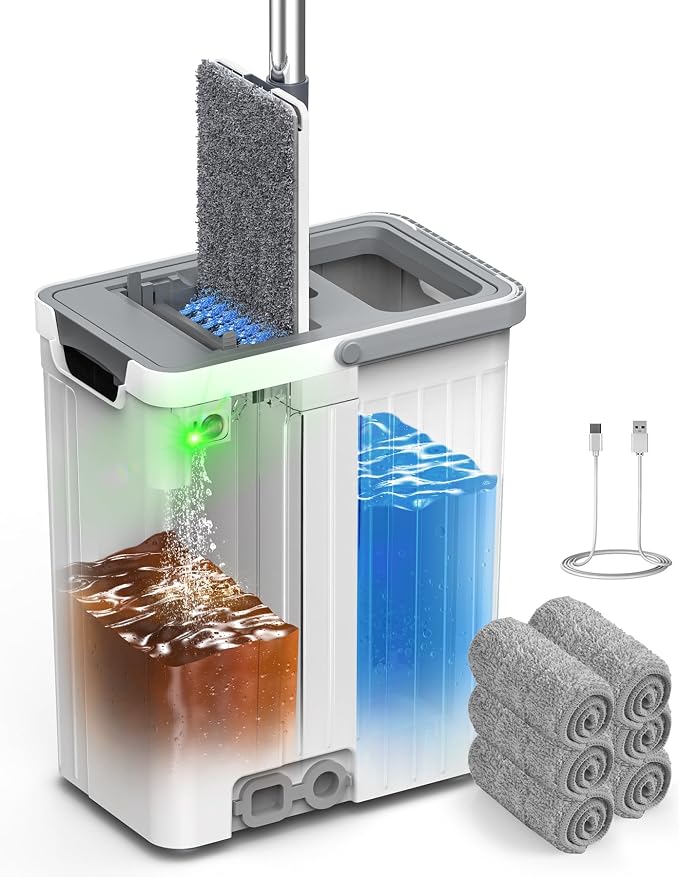Mop and Bucket Set with Auto-Spray Cleaning, 3-Zone Separate Dirty and Clean Water, Flat Mop and Bucket System with Wringer and Wheels, 6 Reusable Pads, High-Efficiency Cleaning for Home Floor Wall