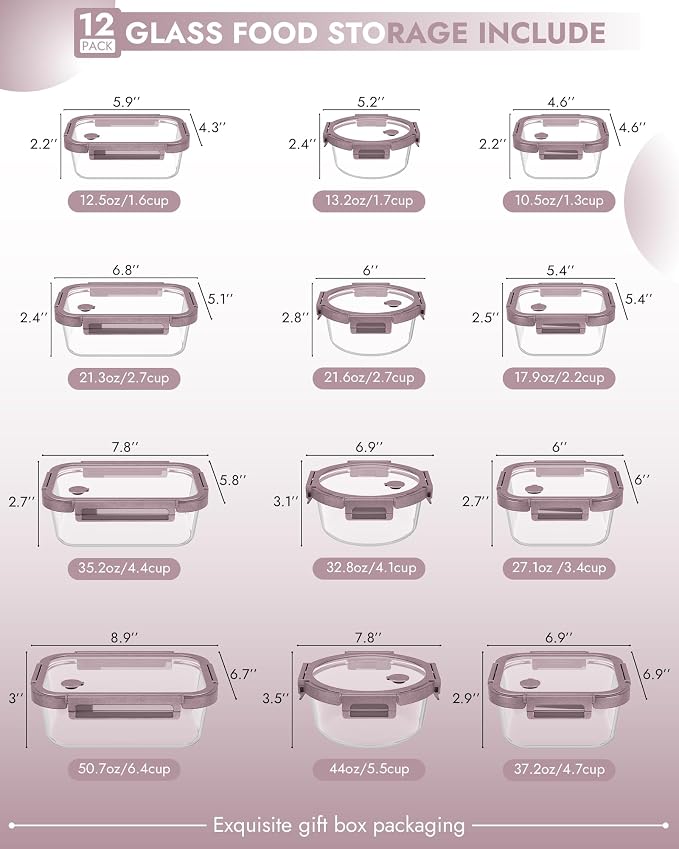 12-Pack Glass Containers with Tempered Lids – Borosilicate, Oven-Safe(-4°F~950°F), Airtight, BPA-Free, Multi-Size for Meal Prep, Dishwasher Safe, 1.6 cups to 6.4 cups (Pink)