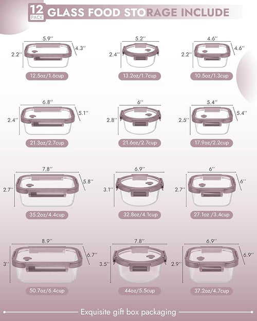 12-Pack Glass Containers with Tempered Lids – Borosilicate, Oven-Safe(-4°F~950°F), Airtight, BPA-Free, Multi-Size for Meal Prep, Dishwasher Safe, 1.6 cups to 6.4 cups (Pink)