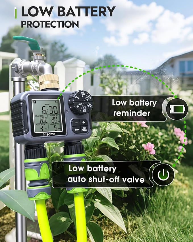 Insoma 2-Zone Sprinkler Timer with Brass Inlet, Water Hose Timer with Auto/Manual Modes + Rain Delay, Big LCD Display, for Garden, Yard Lawn, IPX5 Waterproof & Save Water