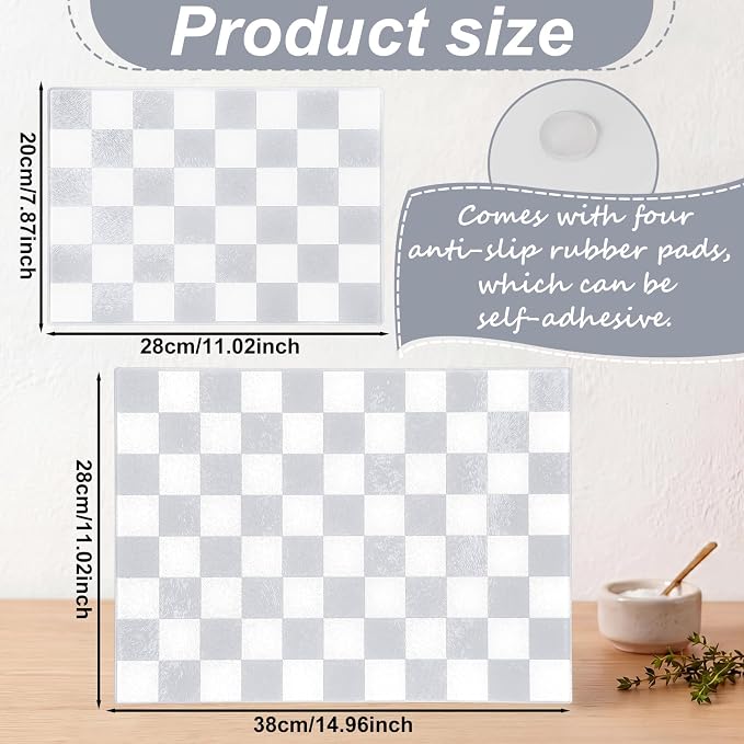 Thenshop Set of 2 Tempered Glass Cutting Boards Silver Gray Check Countertop Cutting Boards Heat Resistant with Non-slip Feet for Kitchen Counter Housewarming Wedding Gift 7.9x11inch+11x15 Inch