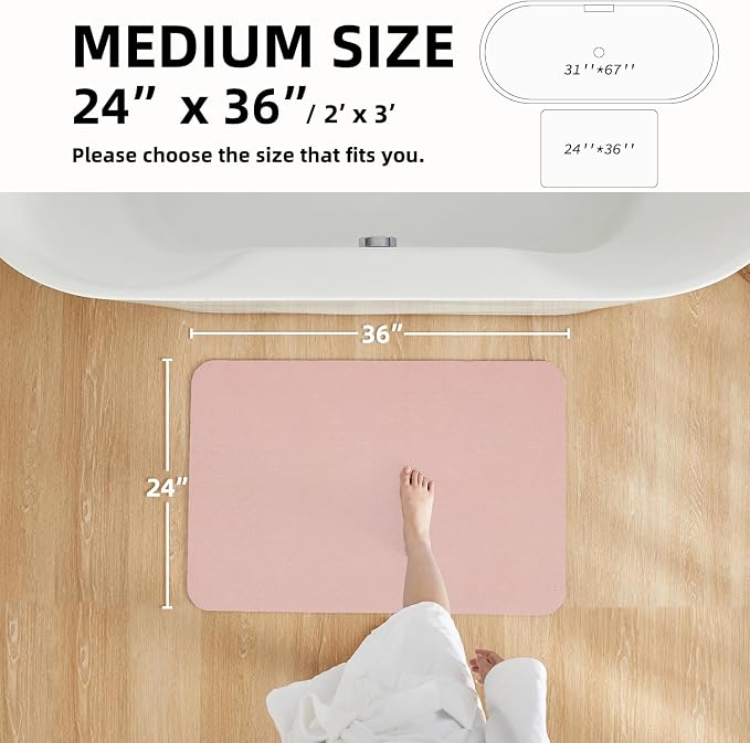 TYUU Pink Bath Mat, Bathroom Rugs Non Slip Washable Thin Absorbent Quick Dry Bath Mat Fits Under Door Bathroom Floor Mat Perfect for Bath, Shower, or Sink 24"x36" Pink