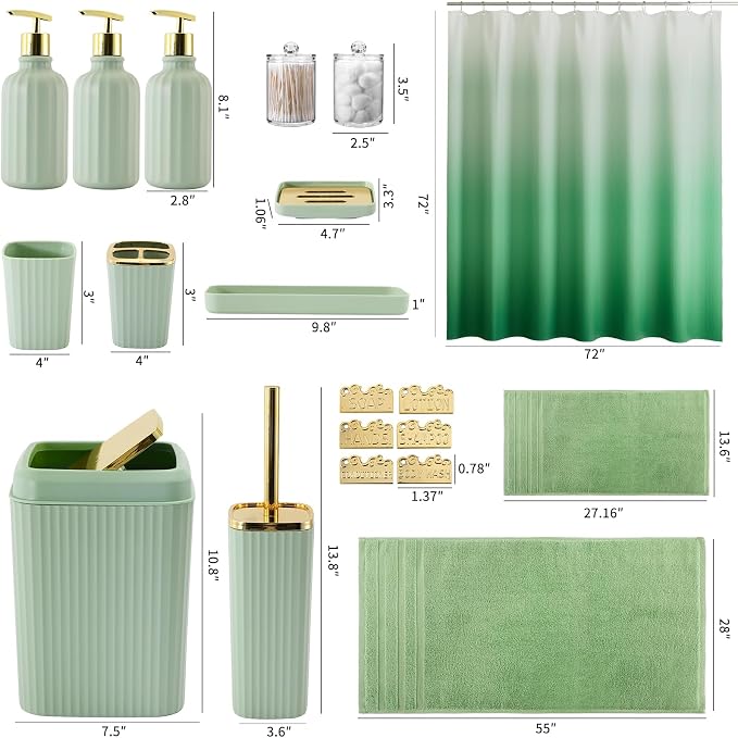 32PCS Bathroom Accessories Set Bathroom Set,Green Shower Curtain Set,Bath Towel Set,Hand Towel,Toilet Brush,Trash Can & 3PCS Soap Dispenser