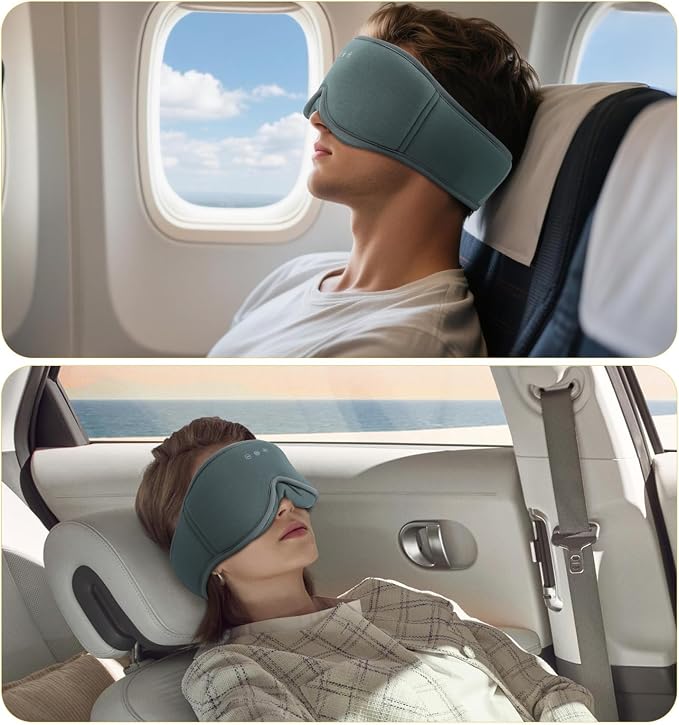 Bamboo Cotton Large Sleep Mask with Bluetooth Wireless Headphones - Blackout Eye Mask for Sleeping 3D Contoured Sleep Eye Cover Headband Ear Plugs Low Noise Hook for Men Women Better Experience (Grey)