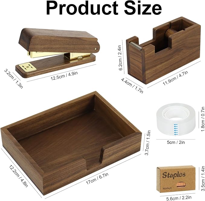 MultiBey 5-Piece Walnut Desk Set, Wood Stapler and Tape Dispenser, 4x6 Wooden Sticky Note Holder, 1000 Pcs Rose Gold Staples & Tape | Elegant Wood Desk Accessories for Office Home School