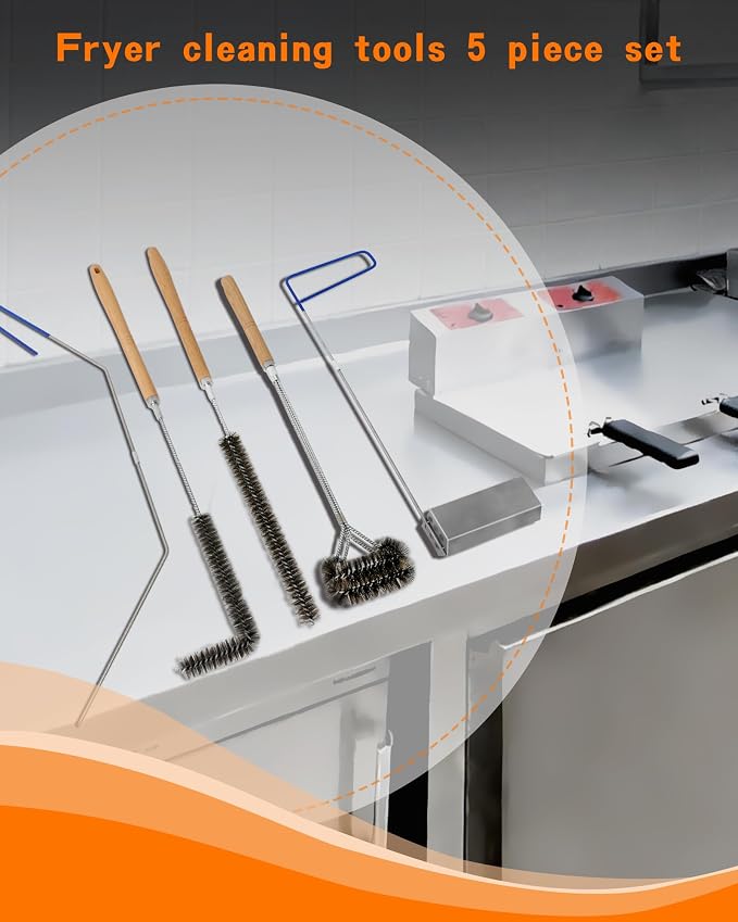 Fryer Cleaning Tool 5 Piece Set, for Commercial Kitchen, Fryer | Include Deep Fryer Basket Brush, Long Handle L-Shaped, Straight Crevice Cleaning Brush, Cleanout Rod, V-Shaped Strainer Scoop