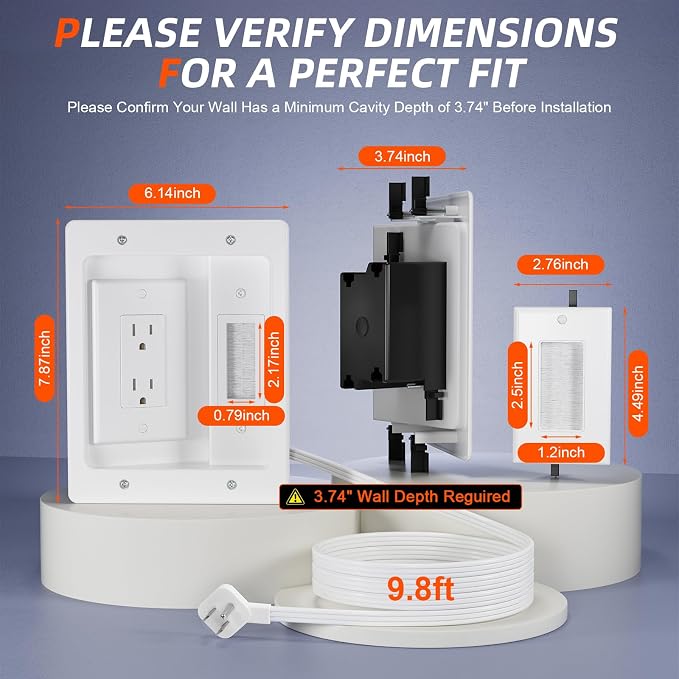 in Wall Cable Management Kit,TV Cable Hider Wall Kit with Brush Wall Plate and 9.8FT Cord,2 AC Outlets,Recessed Outlet Box for Wall Mount TV Home Theater Setups Cords Organizer