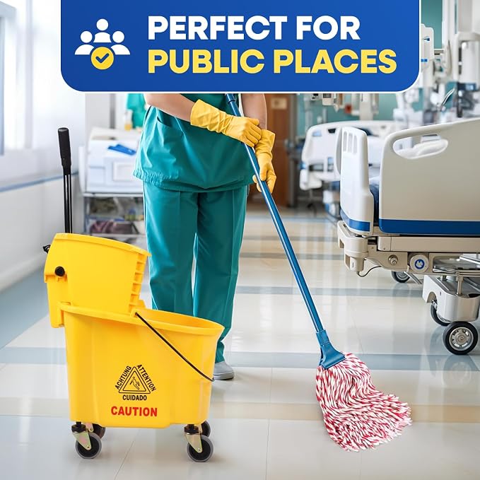PLASTIC PRINCE Commercial Mop Bucket with Wringer on Wheels, Heavy Duty Industrial Mop Bucket and Wringer for Home Office Restaurant Business, 26 Quart - Yellow