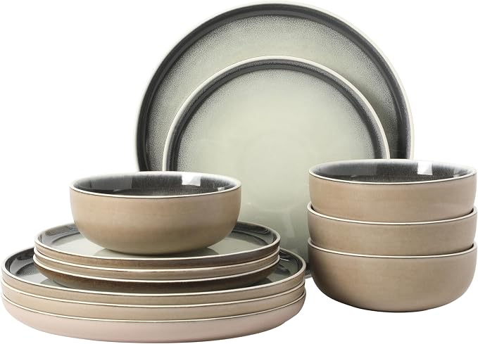 Gibson Elite Island Bay 12-Piece New Bone China Dinnerware Set Service for 4, Reactive Glaze Plates and Bowls, Dishwasher and Microwave Safe, Black and Cream