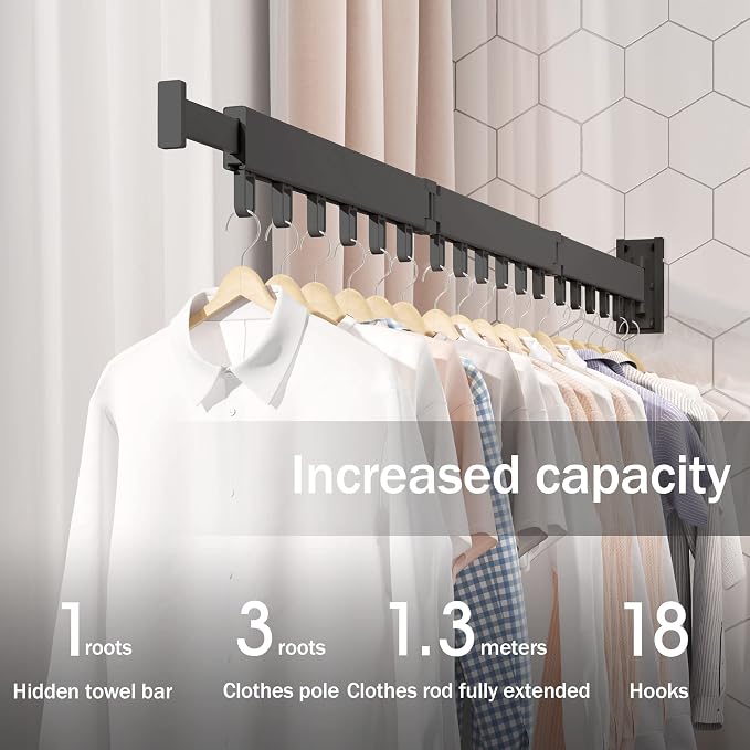 BOQORAD Clothes Drying Rack,Wall Mounted Space-Saver,Retractable,Collapsible, Strong Load-Bearing,ing Rack Clothing,Laundry Drying Rack（Windproof Ring, Three Pole）