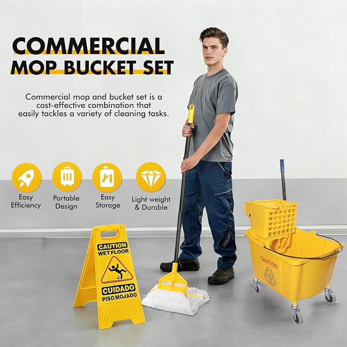 KULED Commercial Mop Bucket with Side Press Wringer, Including Wet Floor Caution Sign and One Industrial Mop with 2 Mop Heads, for Floor Cleaning and Mopping, 38 Quart, Yellow