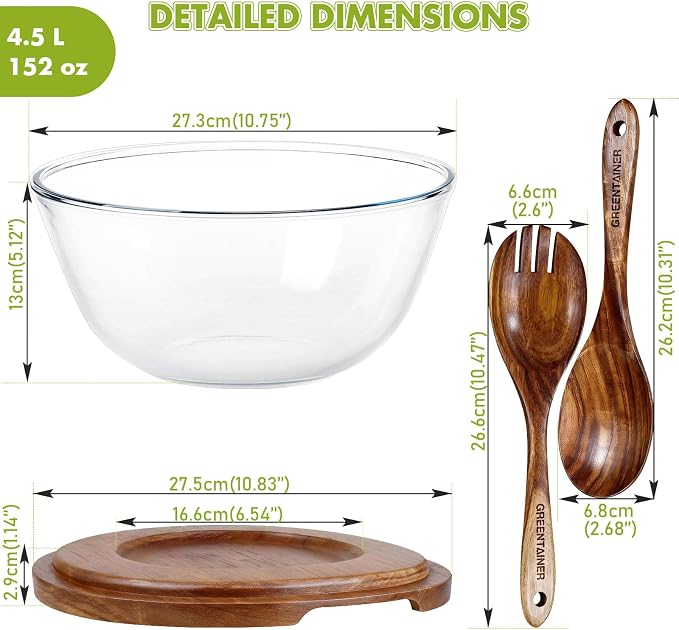 Greentainer Glass Salad Bowl with Wood Lid as Cheese Charcuterie Board and Plate,152oz Large Serving Bowl & Storage Bowl Sets with Wood Utensils - Dishwasher Safe