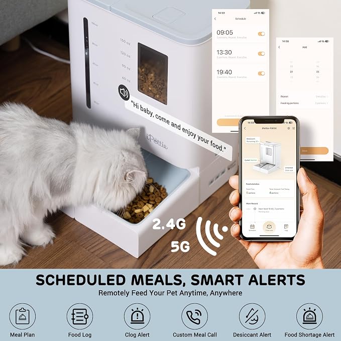 iPettie FW54 5G/2.4GHz WiFi Automatic Feeder and Waterer 2-in-1 Set for Pet | 300 oz Large Capacity for 2 Weeks, APP Scheduling & Alerts, Dual Power Supply, 1 Filter Included, Perfect for Working Parents