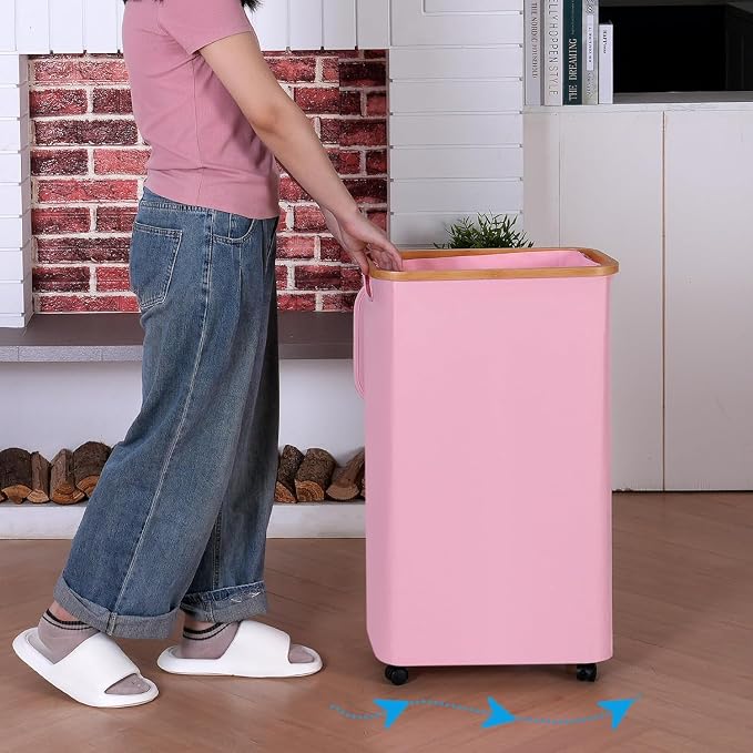 iEGrow Laundry Hamper, Narrow Laundry Basket with Lid,Foldable Clothes Hamper with Bamboo Handles,Hamper Basket with Removable Inner Bag for Laundry Room Bedroom College Dorm (Pink, 110L with Wheels)
