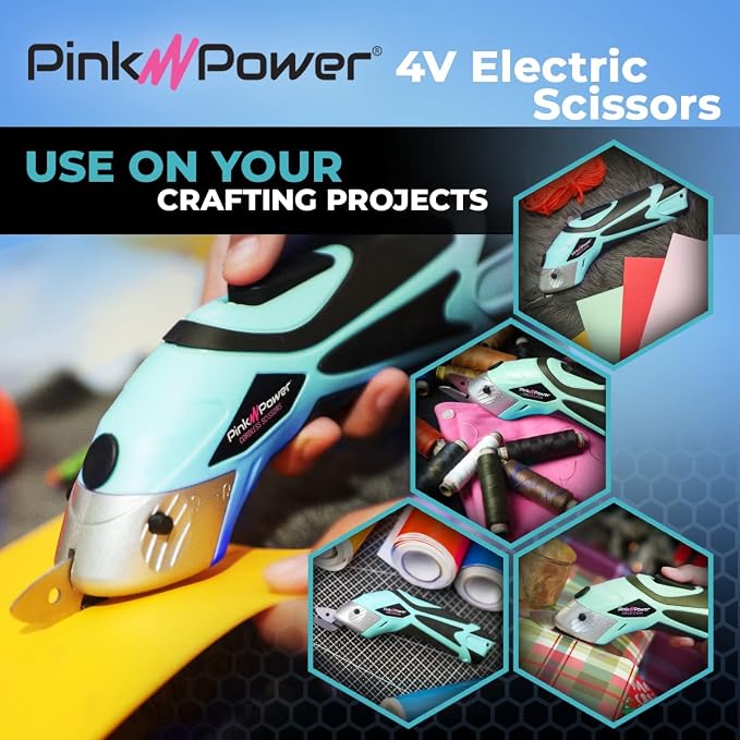 Pink Power Electric Fabric Scissors Box Cutter for Crafts, Sewing, Cardboard, Carpet, & Scrapbooking - Heavy Duty Professional Shears Cutting Tool - Aqua Splash Automatic Cordless Electric Scissors