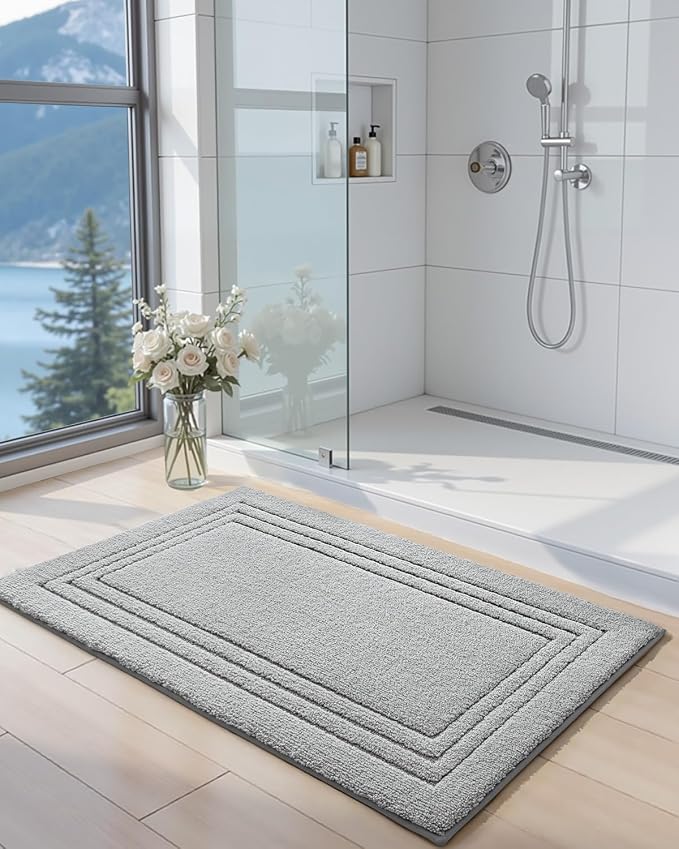 DEXI Bath Mats Bathroom Rug Non Slip Bathmat, 43x24 Light Grey | Large Soft Microfiber Carpet, Washable, Absorbent Quick Dry for Shower Floor Sink