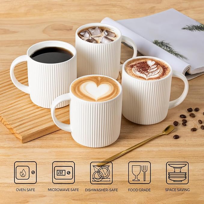 theterra Ceramic Coffee Mugs Set of 4, 14.2oz Handmade Coffee Cups with Handle for Latte, Tea, Milk, Beer, Hot Cocoa, Bright White